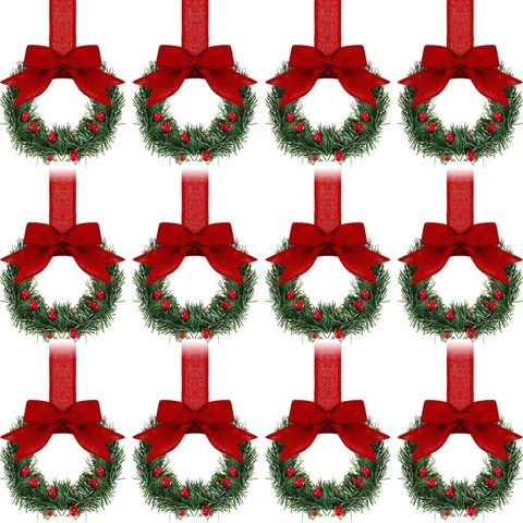 Mini Corona Di Natale Appesa Con Fiocco A Nastro Lungo Bacche Rosse Pino Artificiale Per Decorazione Mobili Da Cucina