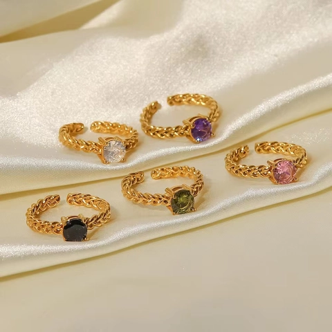 Mode 18K Verguld Roestvrij Staal Open Ring Voor Vrouwen Tarwe Aar Vlecht Ontwerp Met Ronde Zirkonia Verstelbare Vinger Ring Sieraden