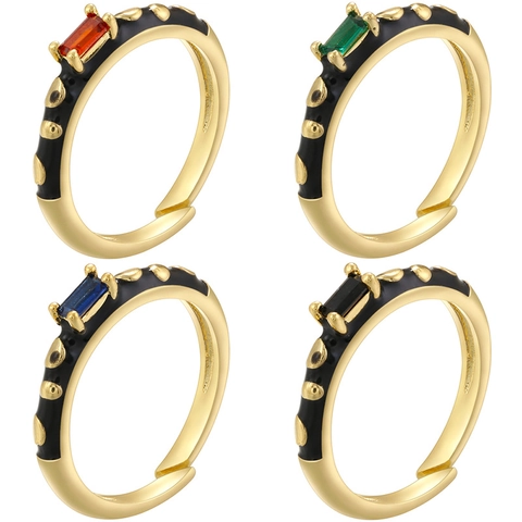 Anello Aperto Hip Hop in Ottone e Smalto con Stampa Leopardata per Donna Zirconia Colorata Rettangolare Regolabile Placcato Oro Gioielli