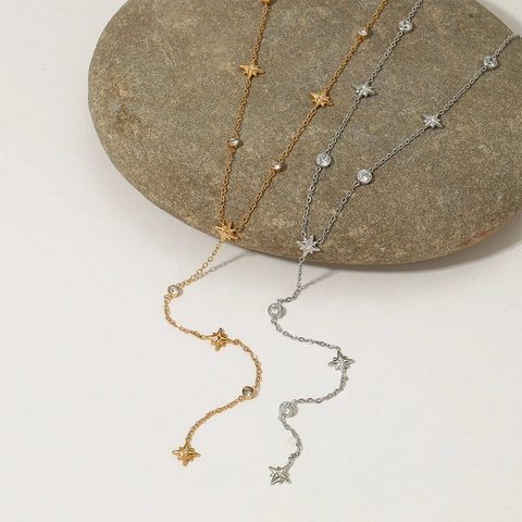 Hoogglans Gepolijste Roestvrijstalen Y Halsketting Met Sterrenhangers En Ronde Zirkonia Hangers Sieraden Voor Dames