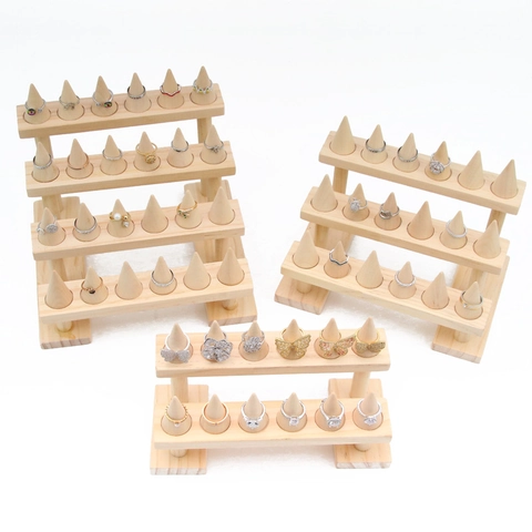 Minimalist Natural Solid Pine Wood Ring Display Stand Tiered Cone Holder For Jewelry Store Countertop Home Storage