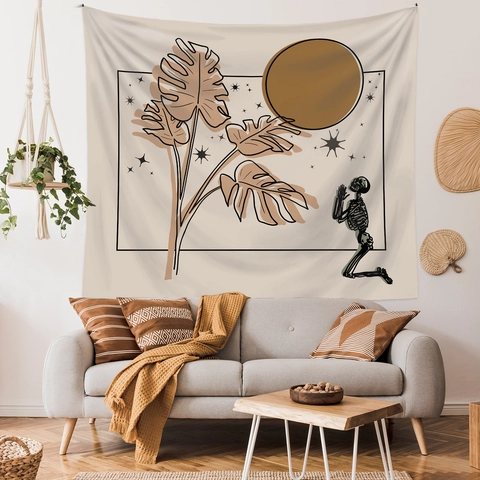 Tapiz De Pared Bohemio Poliéster Esqueleto Rezando Hojas De Monstera Sol Luna Estrella Decoración Hogar Retro