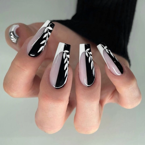 Uñas Postizas Press On Ataúd Francés Larga Bailarina Uñas Artificiales Brillante Negro Blanco Rosa Patrón Hoja Plástico Manicura Mujer