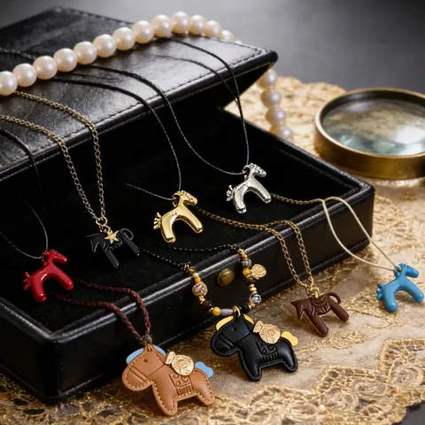 Collier Pendentif Cheval Poney Style Chinois Vintage Plaqué Or Véritable Pièce Cuivre Oeil De Tigre Chaîne Pull Y