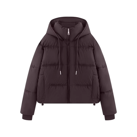 Women Hooded Puffer Jacket Short Cotton Padded Coat Warm Loose Windproof Zip Up Solid Color Casual Outerwear For Winter