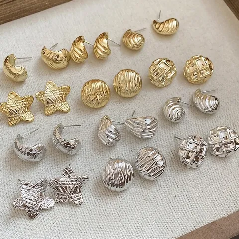 Geometric Stud Earrings With 925 Sterling Silver Earring Post Vintage Ribbed Metallic Texture Gold Silver Star Round Shell For Women