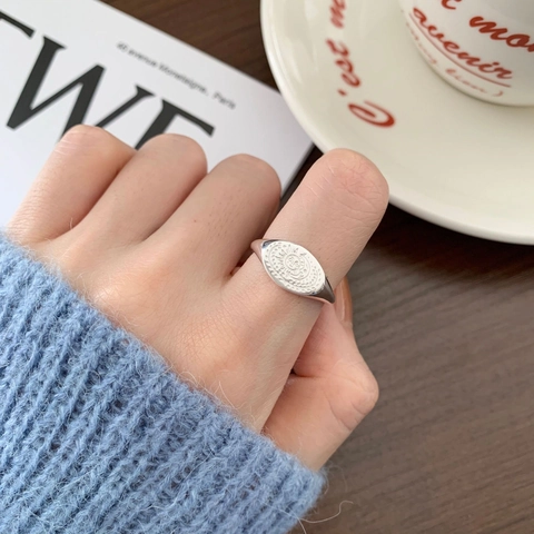 Bague Chevalière Rétro En Argent Sterling 925 Pour Femmes Ajustable Ouverte Oval Soleil Lune Totem Bijoux
