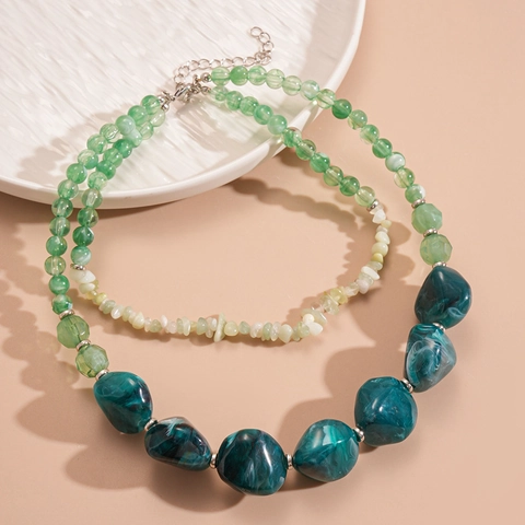 Vintage Double Layer Necklace With Irregular Acrylic Beads And Stone Vacation Style Geometric Jewelry For Women