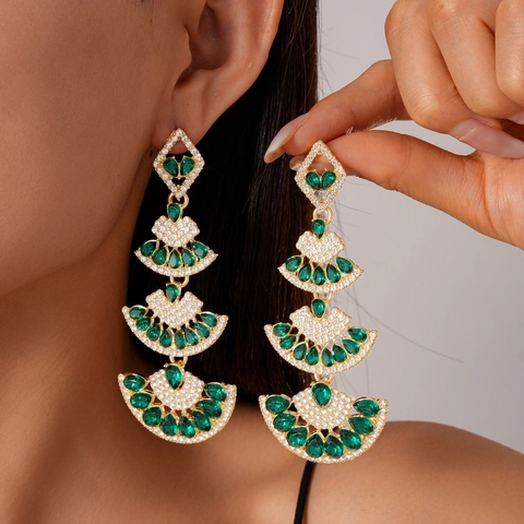 Emerald Green Teardrop Tiered Fan Dangle Earrings Rhinestone Encrusted Alloy With 925 Sterling Silver Earring Post