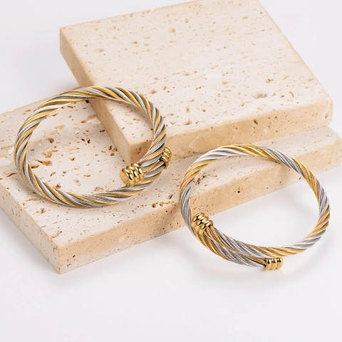 Two-Tone Twisted Wire Cable Cuff Bracelet 304 Stainless Steel Open Bangle Minimalist Elegant Jewelry For Women And Men