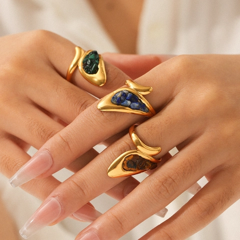 Irregular Natural Stone Ring 18K Gold Plated Stainless Steel Waterproof Bohemian Adjustable Open Finger Ring Jewelry For Women