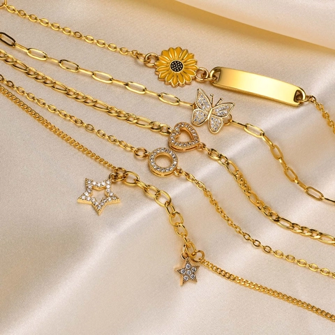 Fashion Women Stainless Steel Bracelet 18K Gold Plated Cubic Zirconia Butterfly Heart Star Sunflower Charm Jewelry