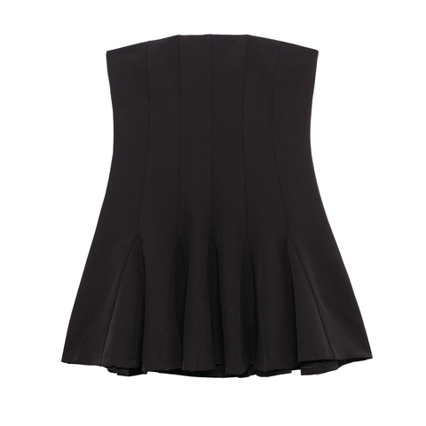 Strapless Tube Top Mini Dress Polyester High Waist Pleated Flared Hem Solid Color Elegant Sexy Women