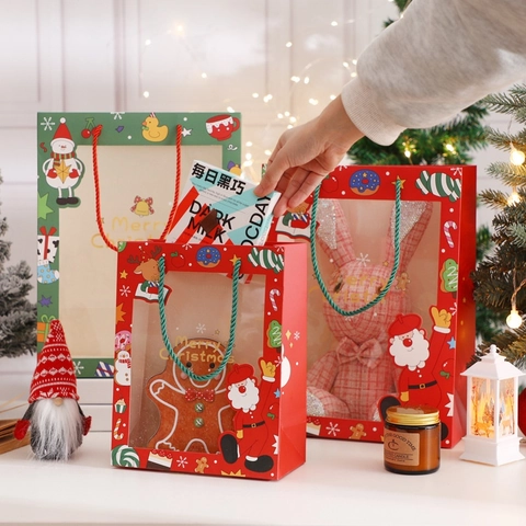 Christmas Tote Gift Bags With Clear Window Paper Packaging Cartoon Santa Snowman Reindeer Holiday Party Favor Handle