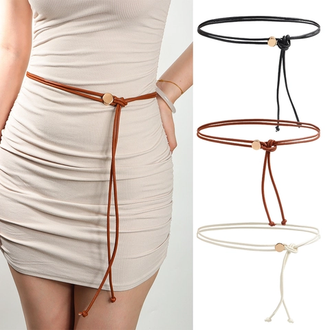 Cintura Sottile In Pelle PU Per Donna Con Fibbia In Metallo Rotonda Design Annodato Decorativa Per Abiti