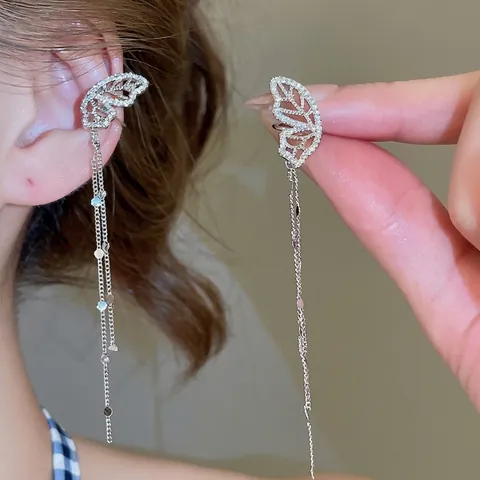 Hollow Butterfly Ear Cuff Earrings With Long Tassel Copper Zircon And 925 Sterling Silver Earring Post Elegant