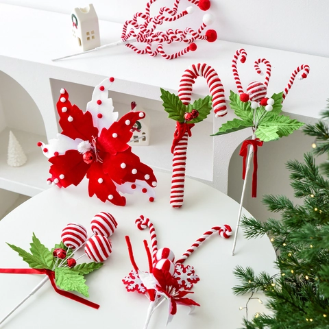Christmas Picks Stems Red White Striped Candy Cane Lollipop Decoration For Christmas Tree Party Wreath Holiday DIY Ornaments