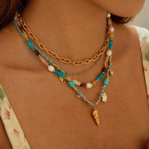Bohemian Multilayered Necklace Stainless Steel Turquoise Artificial Pearl Shell Starfish Seahorse Pendant Beach Style For Women