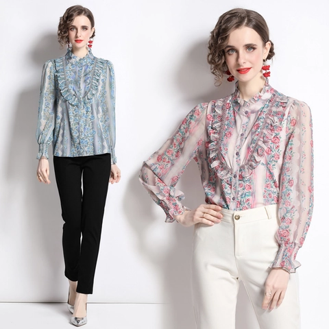 Blusa De Gasa Con Estampado Floral Elegante Cuello Alzado Con Volantes Manga Larga Camisa Retro Top De Mujer