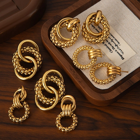 Chunky Hoop Earrings For Women Retro Geometric Twisted Multi Layer Stainless Steel Gold Plated Vintage Jewelry