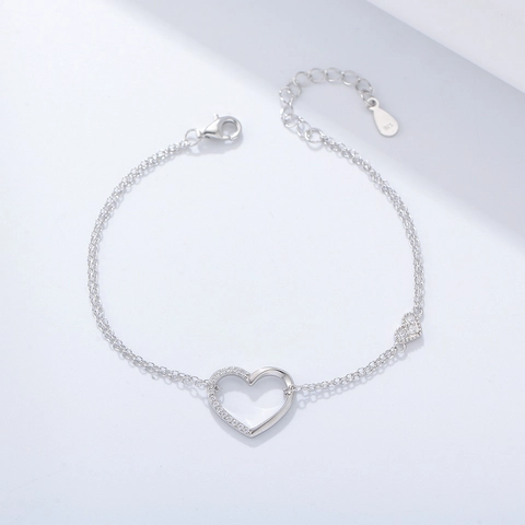 Heart Double Layer Bracelet 925 Sterling Silver Hollow Heart Cubic Zirconia Minimalist Fashion Jewelry For Women