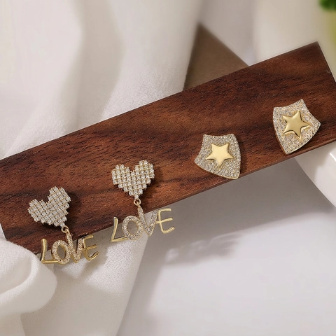 Fashion Copper Rhinestone Heart LOVE Letter Star Shield Stud Earrings For Women Exquisite Gold Plated Jewelry For Daily Party