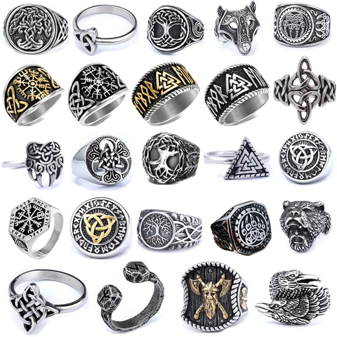 Viking Ring Stainless Steel Celtic Knot Tree Of Life Vegvisir Valknut Rune Retro Nordic Jewelry For Men Women