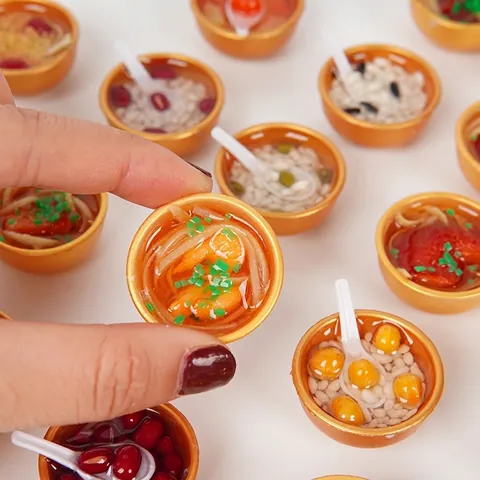 Miniature Simulation Gold Bowl Play Food Chinese Cuisine Noodles Porridge Model Dollhouse Accessories Keychain Novelty Toy