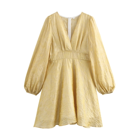 Elegant Women V Neck Mini Dress With Lantern Long Sleeves Jacquard Texture High Waist Back Zipper Short A-Line Dress