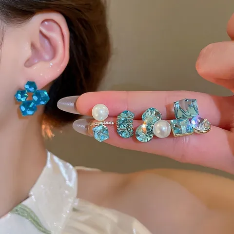 Geometric Blue Crystal Faux Artificial Pearl Stud Earrings With 925 Sterling Silver Earring Post 18K Gold Plated Luxury For Women