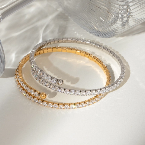 Full Zircon Pave Stainless Steel Wrap Bangle Spiral Double Row Adjustable Bracelet For Women Elegant Luxury Jewelry