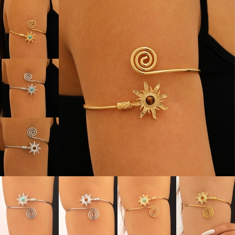 Bohemian Sun Starburst Arm Cuff Alloy Turquoise Tiger Eye Stone Spiral Adjustable Upper Arm Bracelet For Women