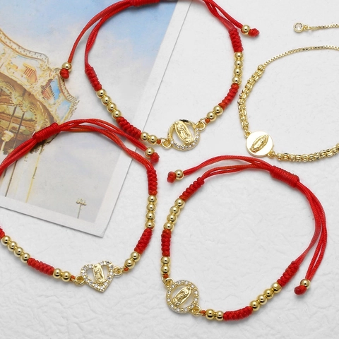 Religious Virgin Mary Heart Infinity Bracelet Copper 18K Gold Plated Cubic Zirconia Adjustable Red Rope Box Chain Women