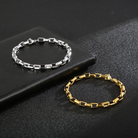 Men Classic Stainless Steel Box Chain Necklace And Bracelet Set Minimalist Square Link Personal Jewelry Gift