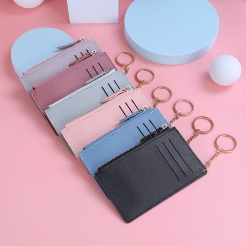 Slim Card Holder Wallet For Women PU Leather Multi Card Slots Zipper Coin Pouch With Key Ring Classic Solid Color Style