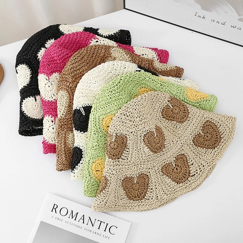 Cappello Pescatore In Paglia Di Carta Crochet Fatto A Mano Motivo Cuore Tesa Larga Pieghevole Traspirante Cappello Da Sole Estivo Donna
