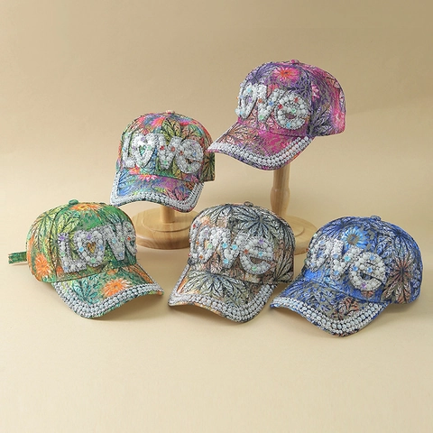 Women Rhinestone Lace Baseball Cap Love Letter Pearl Inlaid Sun Hat Floral Printed Outdoor Casual Mesh Snapback Hat