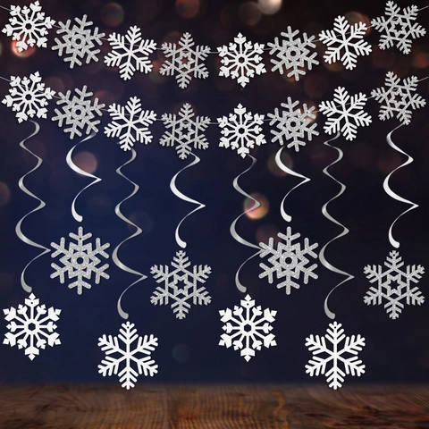 Decorazioni Appese Fiocco Di Neve Cartoncino Luccicante PVC Natale Festa Ornamenti Banner Spirali
