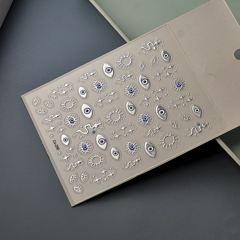 5D Reliëf Nagelkunst Stickers Metaalachtig Goud Zilver Boze Oog Slang Ster Maan Boheems Zelfklevend Waterdicht DIY Decoratie