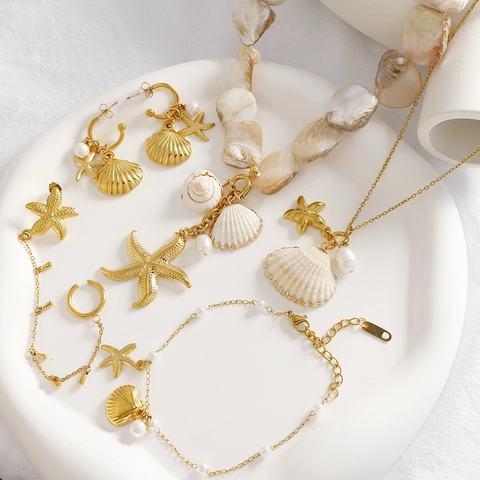 Stainless Steel Ocean Starfish Shell Artificial Pearl Jewelry Necklace Earrings Bracelet For Women Beach Holiday Accessories