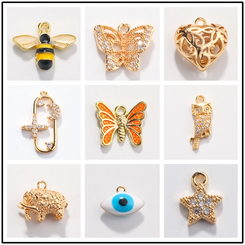 DIY Charms Pendants Gold Plated Brass Alloy With Zircon Enamel For Jewelry Making Bee Butterfly Heart Star Moon Evil Eye