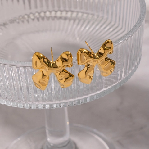 Schleifen Ohrstecker 304 Edelstahl Flüssigmetall Textur Geschmolzenes Gold Finish Wasserdicht Hypoallergen Schick Für Damen