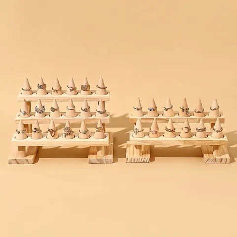 Solid Wood Ring Display Stand Multi Layer Stepped Jewelry Holder Conical Pegs Desktop Organizer Counter Showcases Natural Rustic