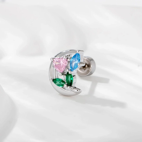 Crescent Moon Heart Flower Cartilage Earring Titanium Steel Copper Zirconia Colorful Screw Back Piercing Jewelry