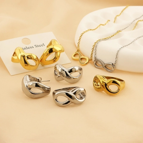 Unendlichkeitssymbol Halskette Ohrringe Ring Edelstahl 18K Vergoldet Strass Elegant Mode Für Frauen