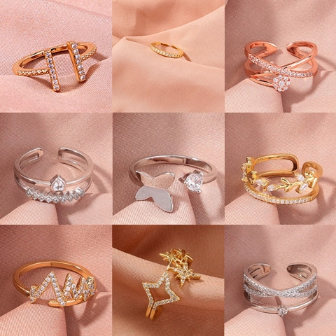 Kupfer Zirkon Offen Verstellbarer Ring Für Damen Einfache Geometrische Mode Micro Pave Glänzender Schmuck