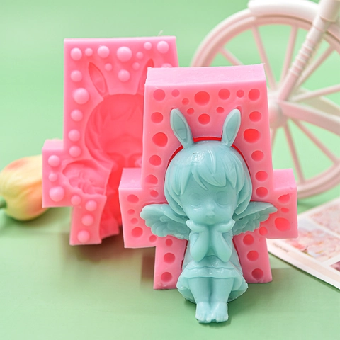 Engel Baby Mädchen Mit Hasenohren Flügeln 3D Silikonform Für DIY Handgemachte Seife Kerze Fondant Kuchen Dekoration