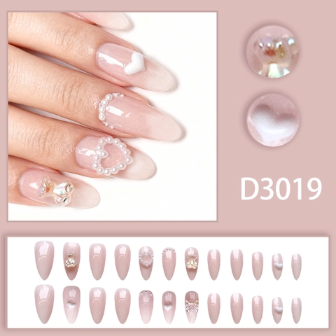 Uñas Postizas Francesas Con Decoraciones 3D Oso Corazón Perla Artificial Almendra Uñas Postizas Degradado Rosa Nude Elegante Para Mujeres