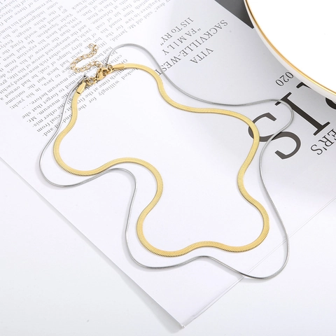 Double Layer Herringbone Chain Necklace Stainless Steel Minimalist French Retro Snake Bone Clavicle Chain For Women