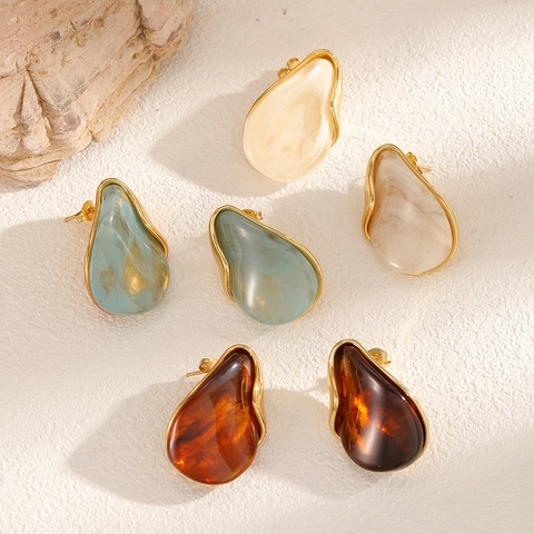 Vintage Irregular Water Drop Stud Earrings Women Stainless Steel Resin Amber Marble Texture Gold Plated Luxury Art Style